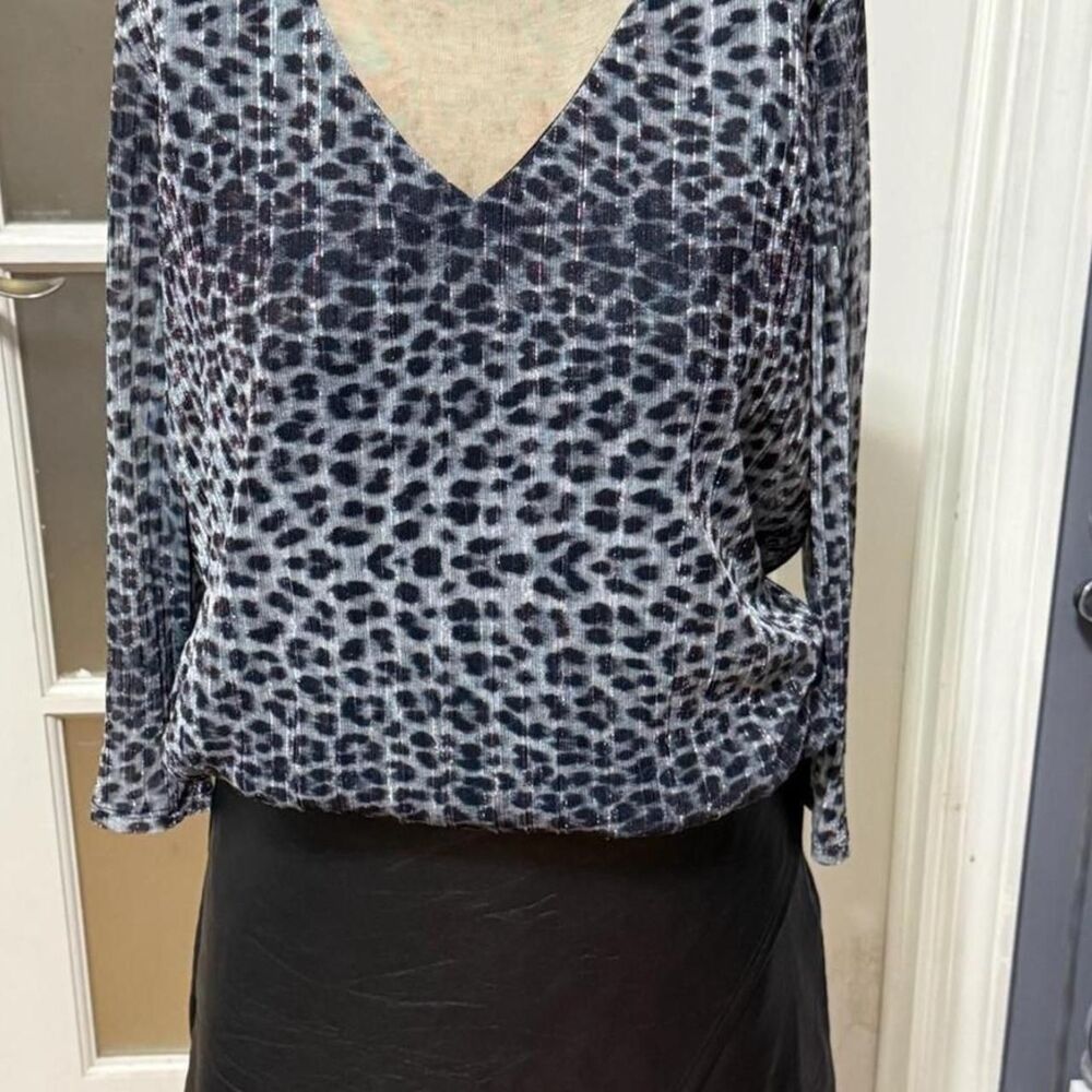 Jm-collection Women's Black and Grey Leopard Print Blouse